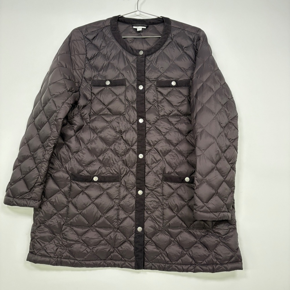 J. Jill Women Puffer Jacket Large Purple Quilted Down Snap Front Corduroy Trim
